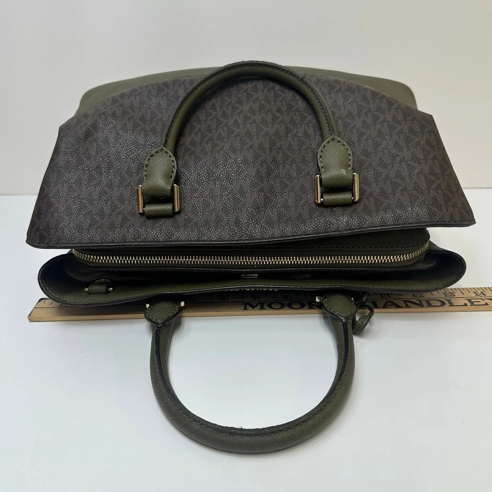 Michael Kors Signature Logo Satchel Brown Olive Green Two Tone Handbag Gold HW